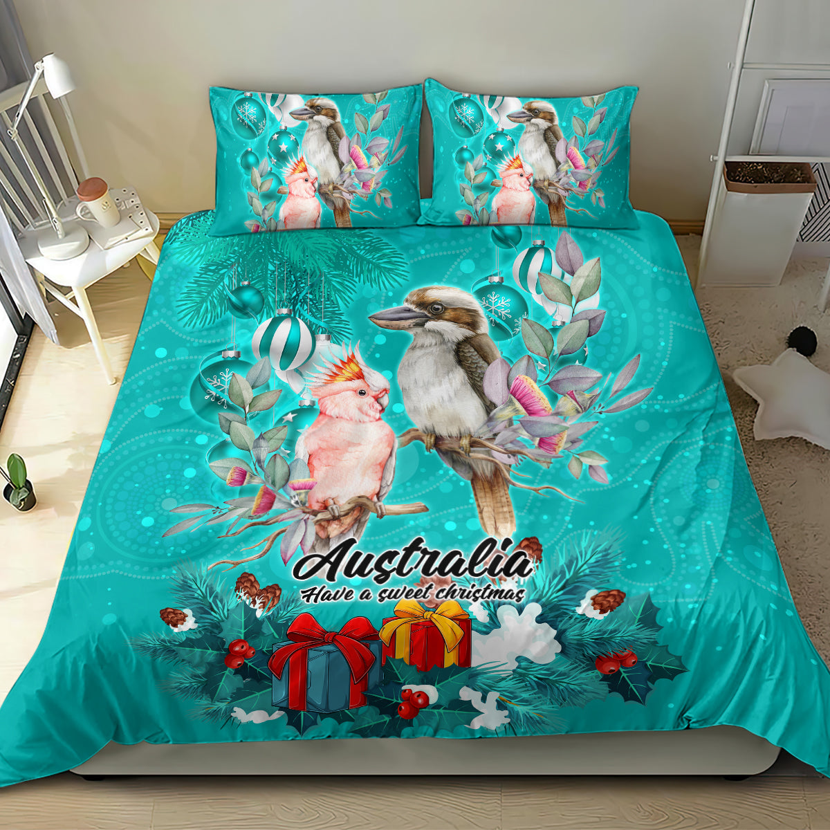 Kookaburra and Cockatoo Bedding Set Australia Merry Christmas Aboriginal Teal Style - Vibe Hoodie Shop