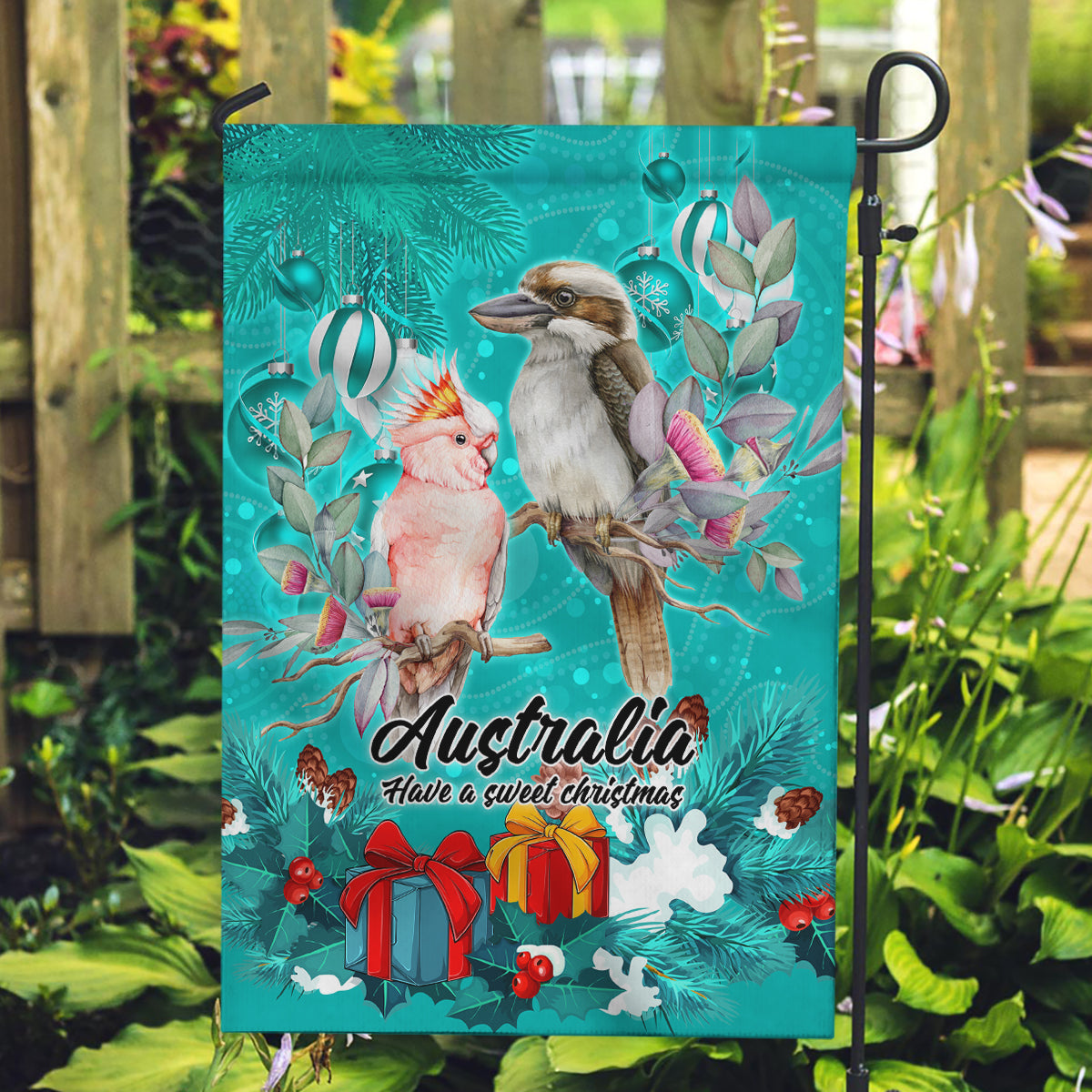 Kookaburra and Cockatoo Garden Flag Australia Merry Christmas Aboriginal Teal Style - Vibe Hoodie Shop