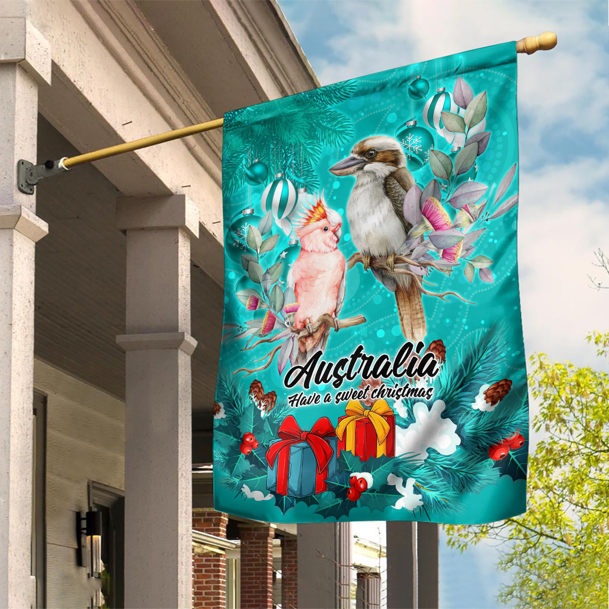 Kookaburra and Cockatoo Garden Flag Australia Merry Christmas Aboriginal Teal Style - Vibe Hoodie Shop