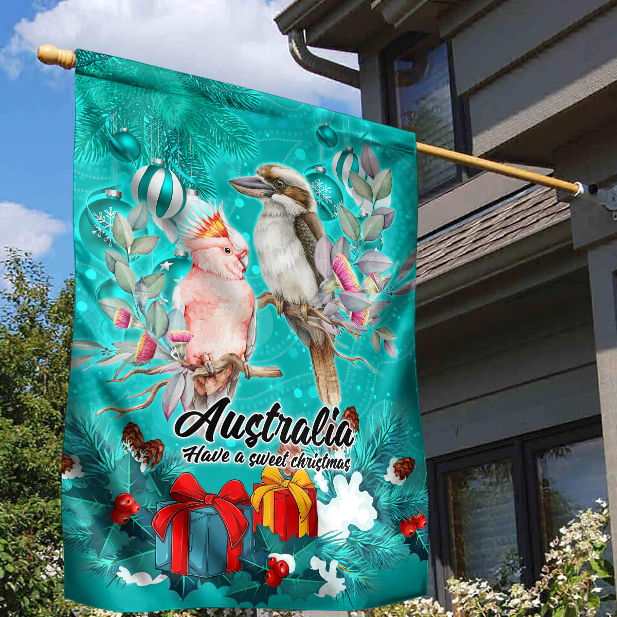 Kookaburra and Cockatoo Garden Flag Australia Merry Christmas Aboriginal Teal Style - Vibe Hoodie Shop