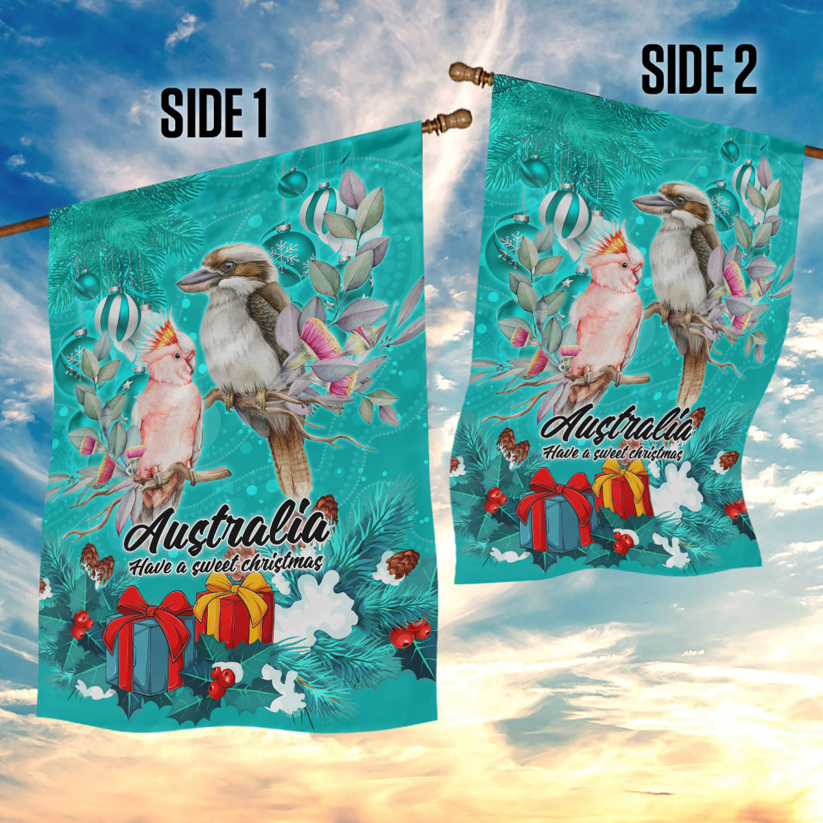 Kookaburra and Cockatoo Garden Flag Australia Merry Christmas Aboriginal Teal Style - Vibe Hoodie Shop