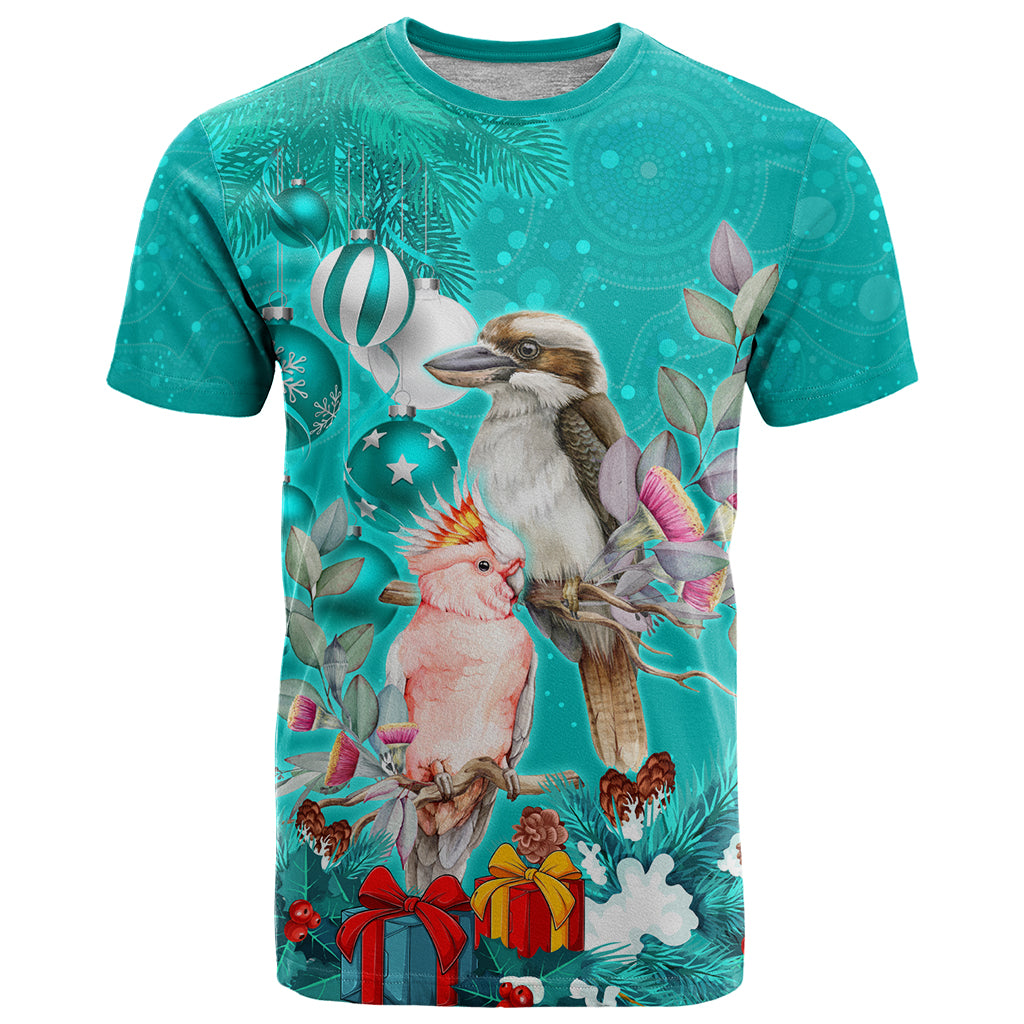 Kookaburra and Cockatoo T Shirt Australia Merry Christmas Aboriginal Teal Style LT9 - Vibe Hoodie Shop