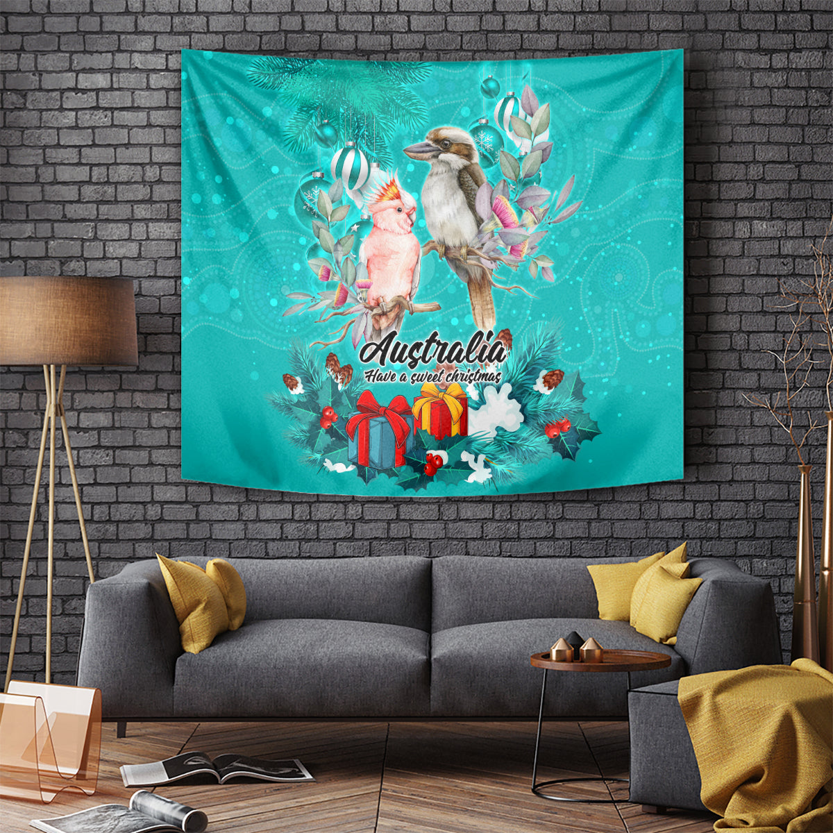 Kookaburra and Cockatoo Tapestry Australia Merry Christmas Aboriginal Teal Style - Vibe Hoodie Shop