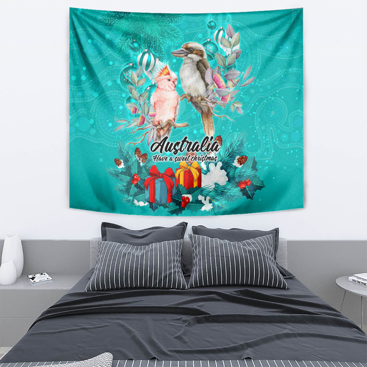 Kookaburra and Cockatoo Tapestry Australia Merry Christmas Aboriginal Teal Style - Vibe Hoodie Shop