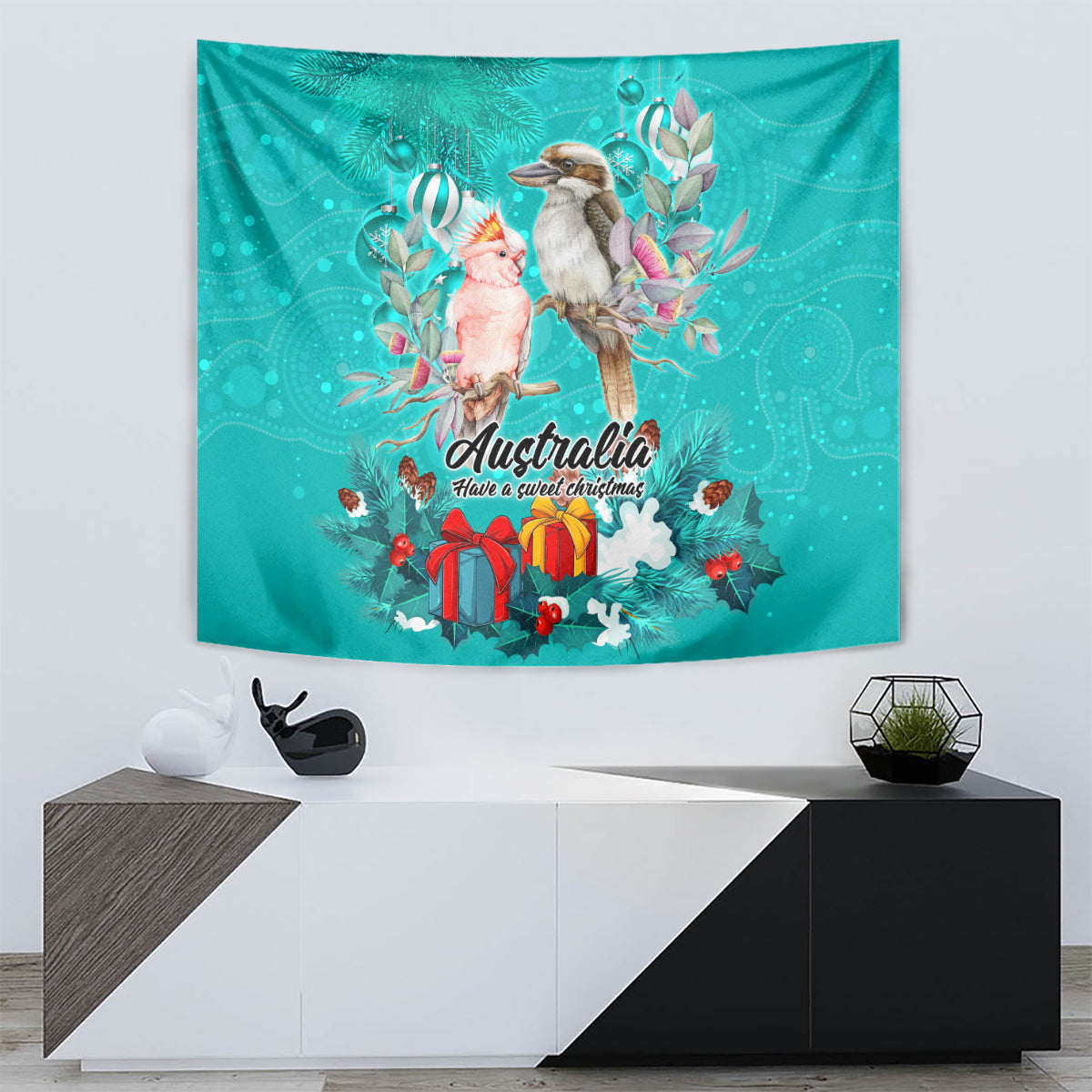 Kookaburra and Cockatoo Tapestry Australia Merry Christmas Aboriginal Teal Style - Vibe Hoodie Shop