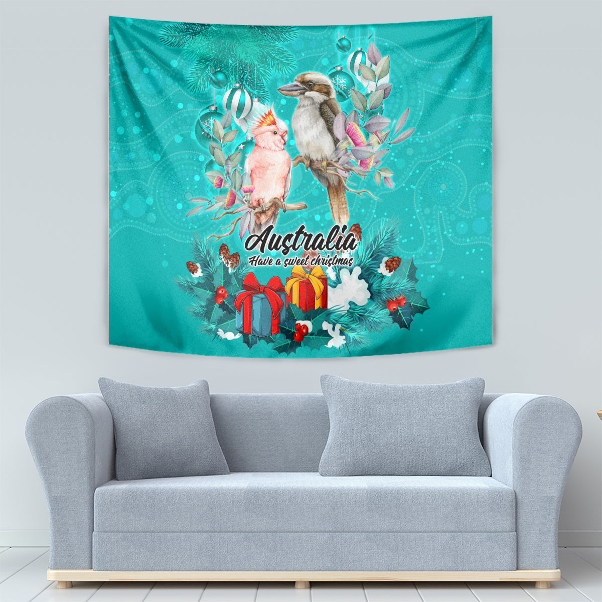 Kookaburra and Cockatoo Tapestry Australia Merry Christmas Aboriginal Teal Style - Vibe Hoodie Shop