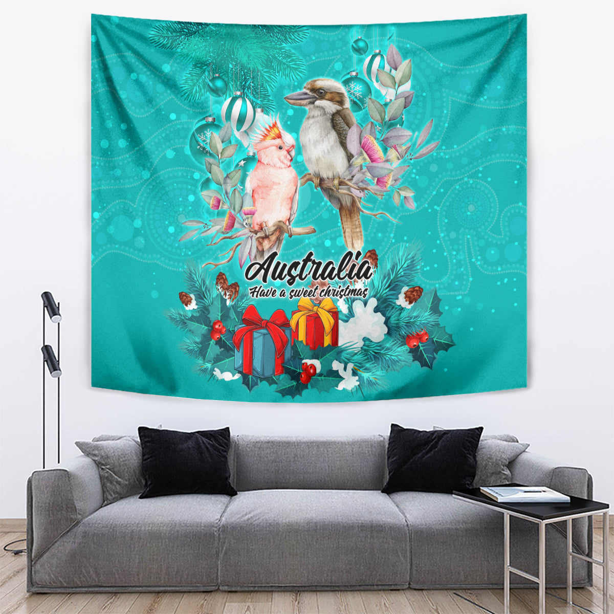 Kookaburra and Cockatoo Tapestry Australia Merry Christmas Aboriginal Teal Style - Vibe Hoodie Shop