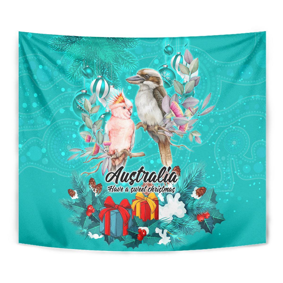 Kookaburra and Cockatoo Tapestry Australia Merry Christmas Aboriginal Teal Style - Vibe Hoodie Shop