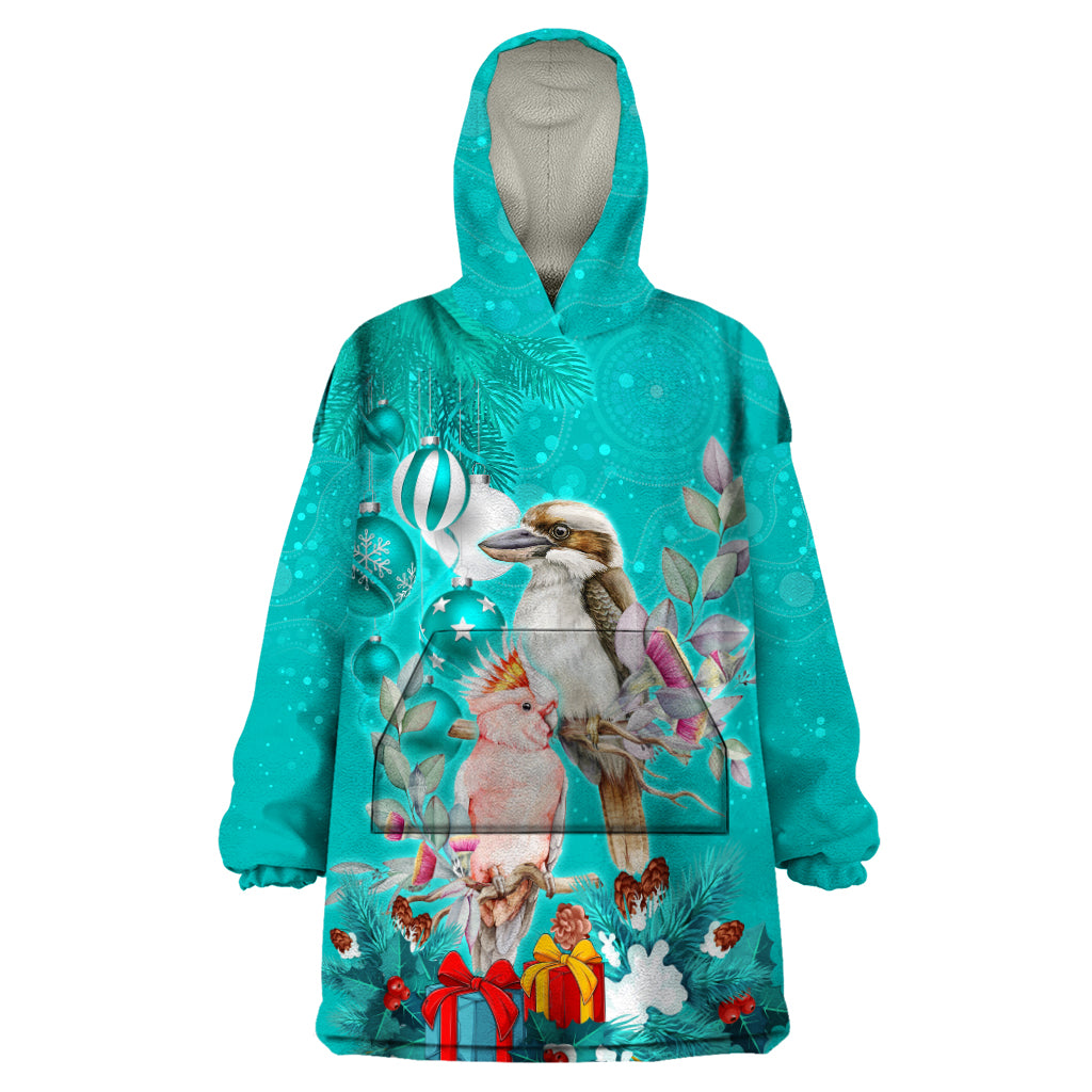 Kookaburra and Cockatoo Wearable Blanket Hoodie Australia Merry Christmas Aboriginal Teal Style - Vibe Hoodie Shop