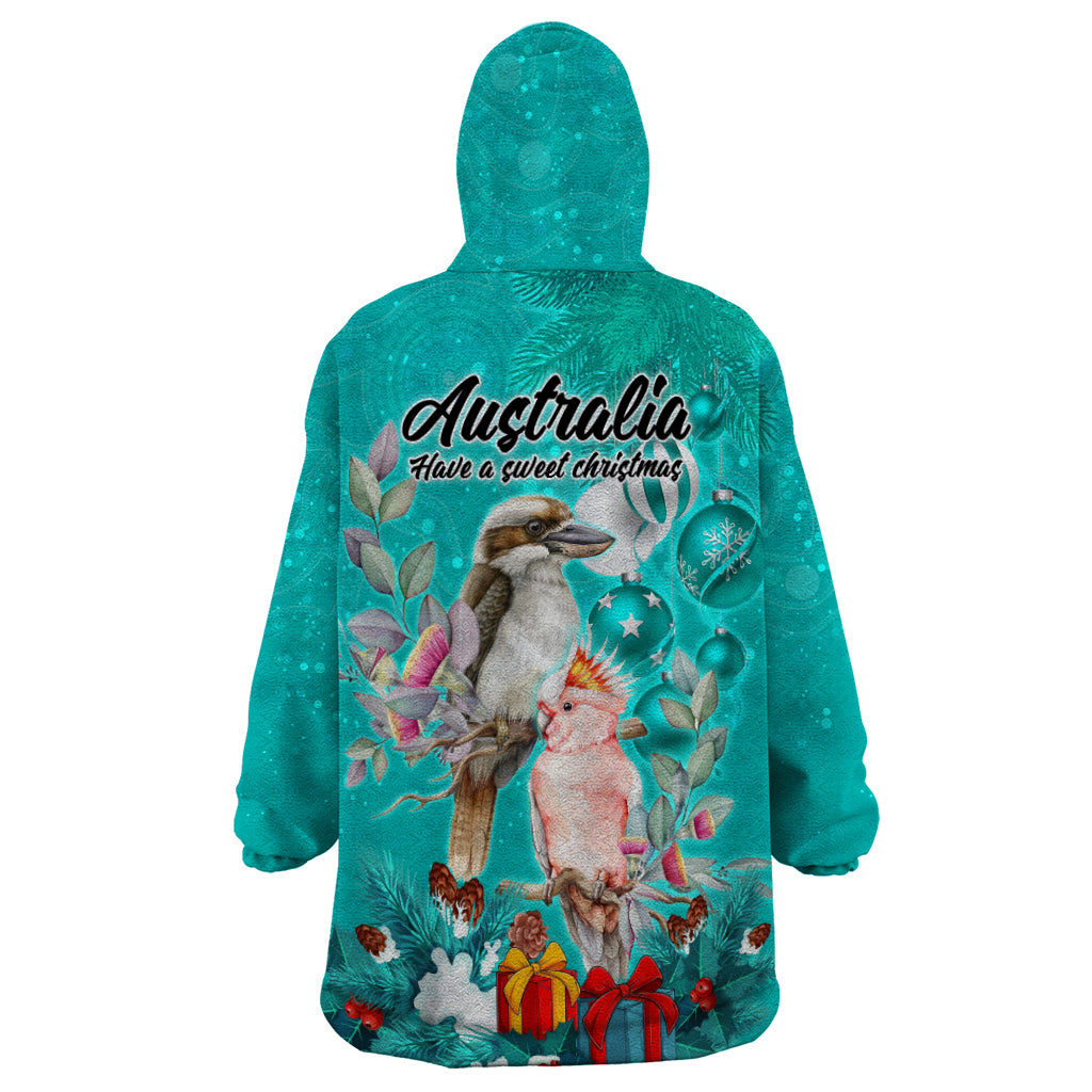 Kookaburra and Cockatoo Wearable Blanket Hoodie Australia Merry Christmas Aboriginal Teal Style - Vibe Hoodie Shop