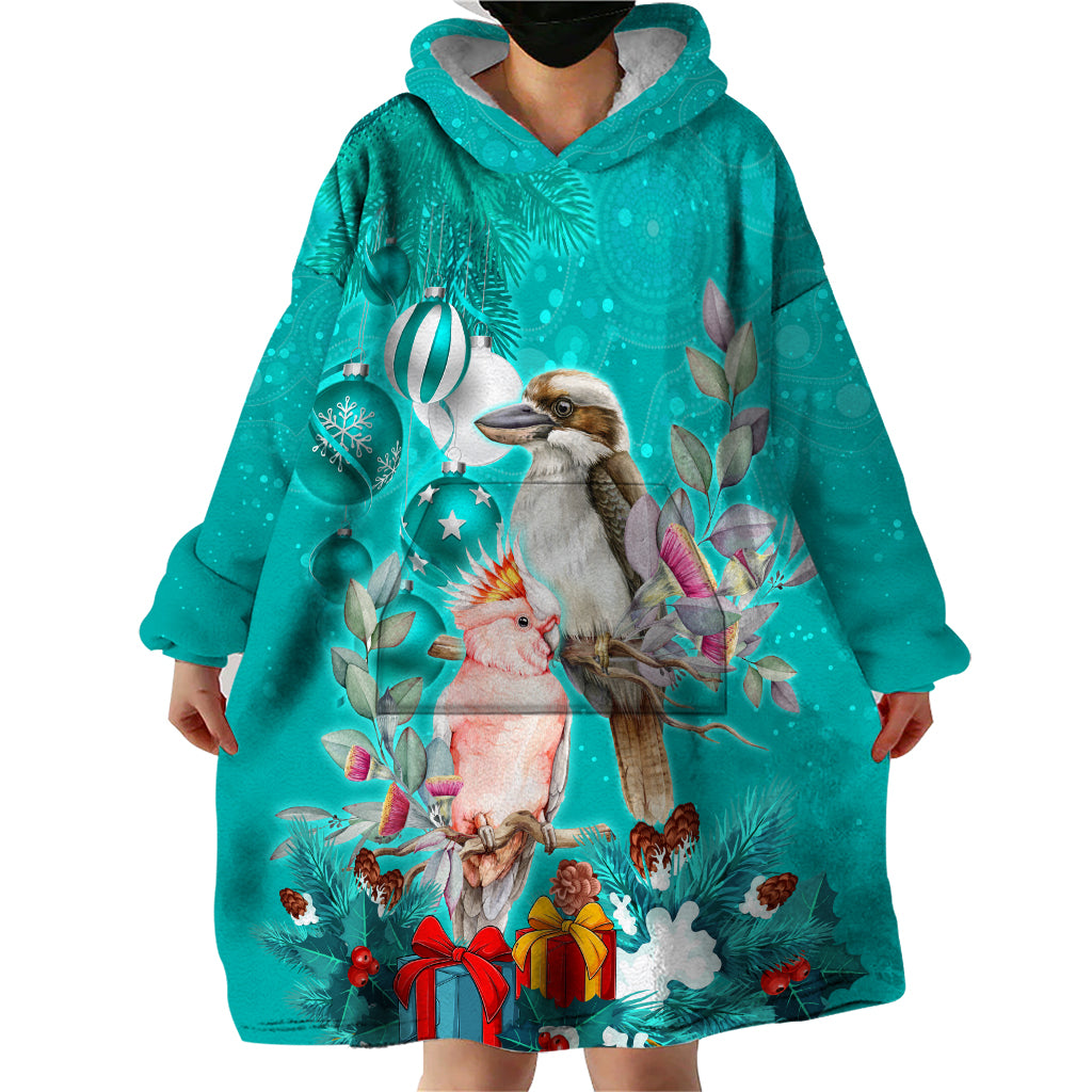 Kookaburra and Cockatoo Wearable Blanket Hoodie Australia Merry Christmas Aboriginal Teal Style - Vibe Hoodie Shop