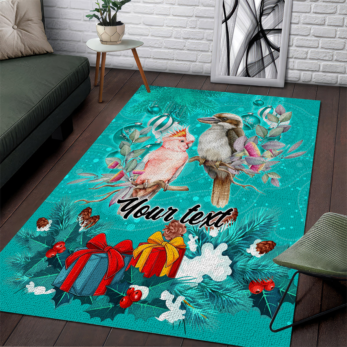 Personalised Kookaburra and Cockatoo Area Rug Australia Merry Christmas Aboriginal Teal Style - Vibe Hoodie Shop