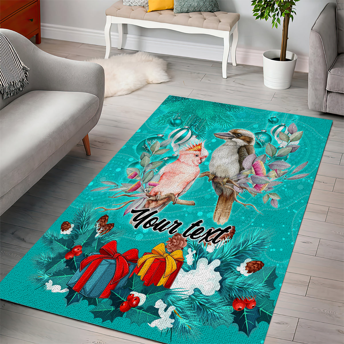 Personalised Kookaburra and Cockatoo Area Rug Australia Merry Christmas Aboriginal Teal Style - Vibe Hoodie Shop