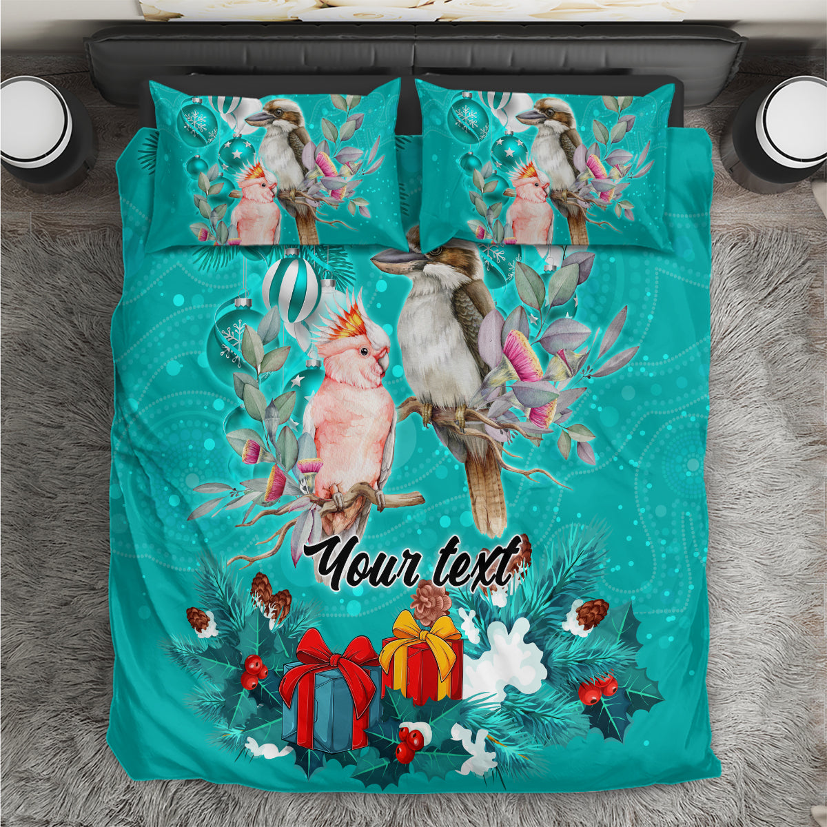 Personalised Kookaburra and Cockatoo Bedding Set Australia Merry Christmas Aboriginal Teal Style - Vibe Hoodie Shop