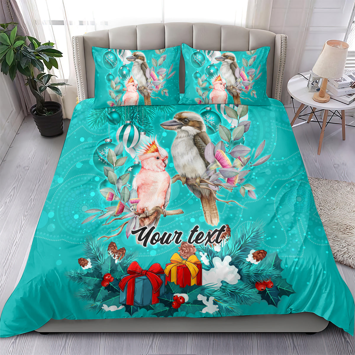 Personalised Kookaburra and Cockatoo Bedding Set Australia Merry Christmas Aboriginal Teal Style - Vibe Hoodie Shop
