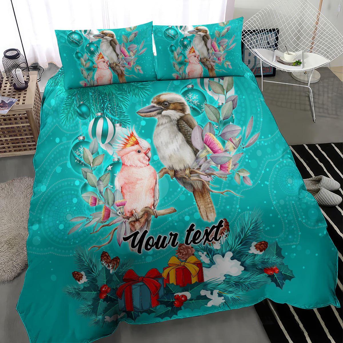 Personalised Kookaburra and Cockatoo Bedding Set Australia Merry Christmas Aboriginal Teal Style - Vibe Hoodie Shop