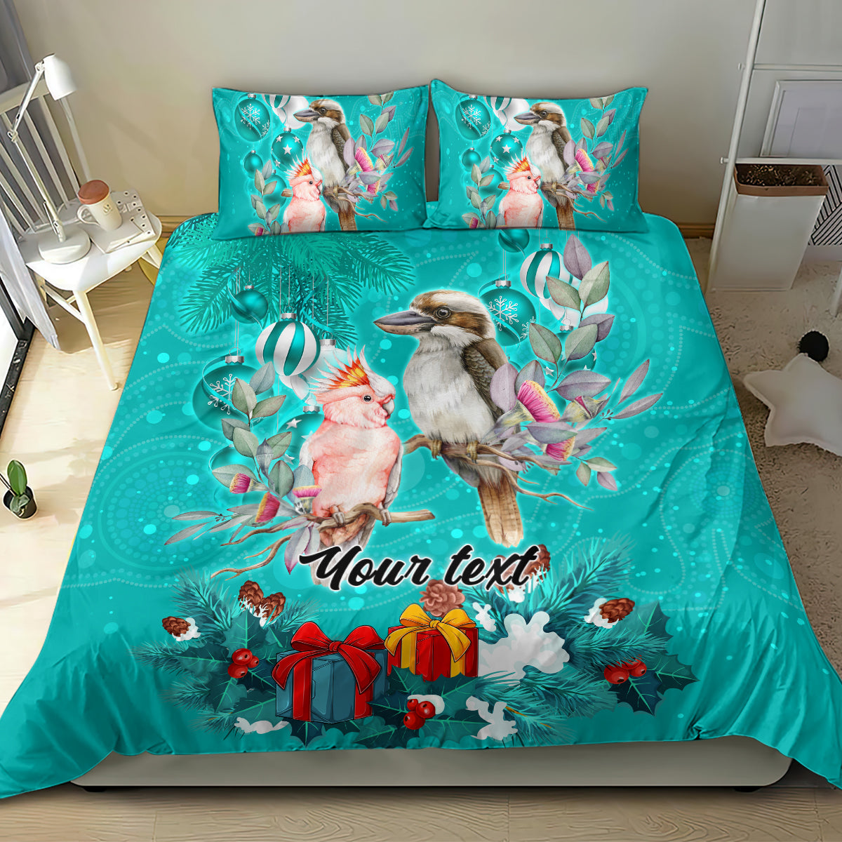 Personalised Kookaburra and Cockatoo Bedding Set Australia Merry Christmas Aboriginal Teal Style - Vibe Hoodie Shop
