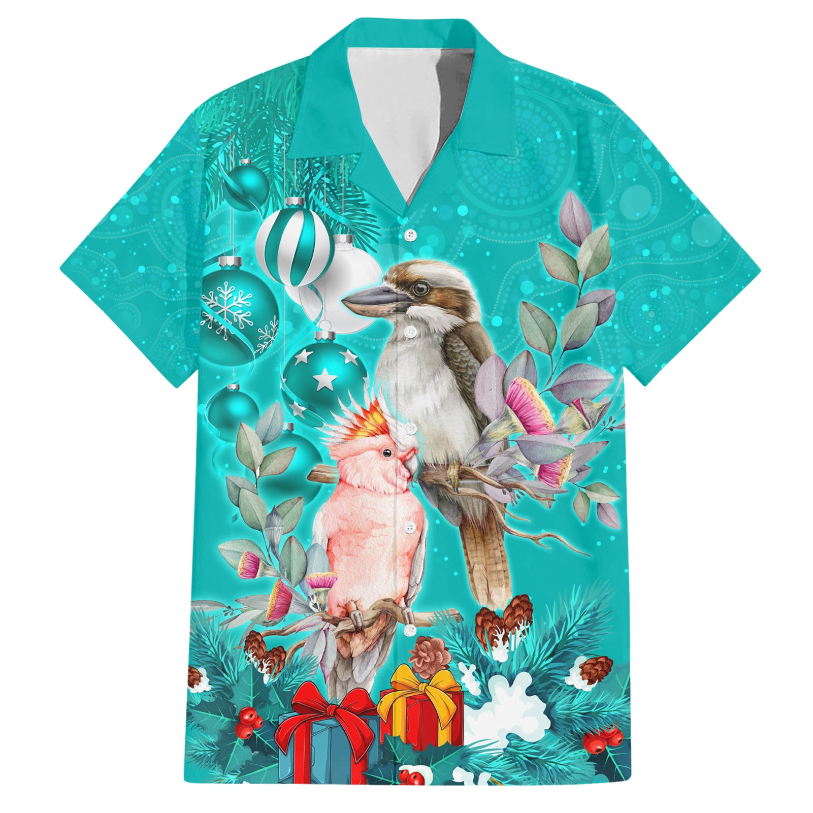 Personalised Kookaburra and Cockatoo Hawaiian Shirt Australia Merry Christmas Aboriginal Teal Style - Vibe Hoodie Shop