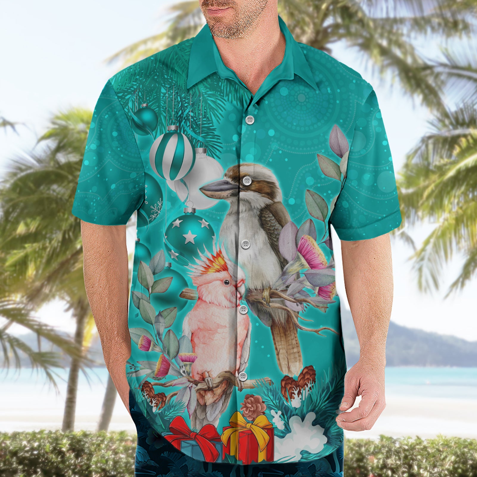 Personalised Kookaburra and Cockatoo Hawaiian Shirt Australia Merry Christmas Aboriginal Teal Style - Vibe Hoodie Shop
