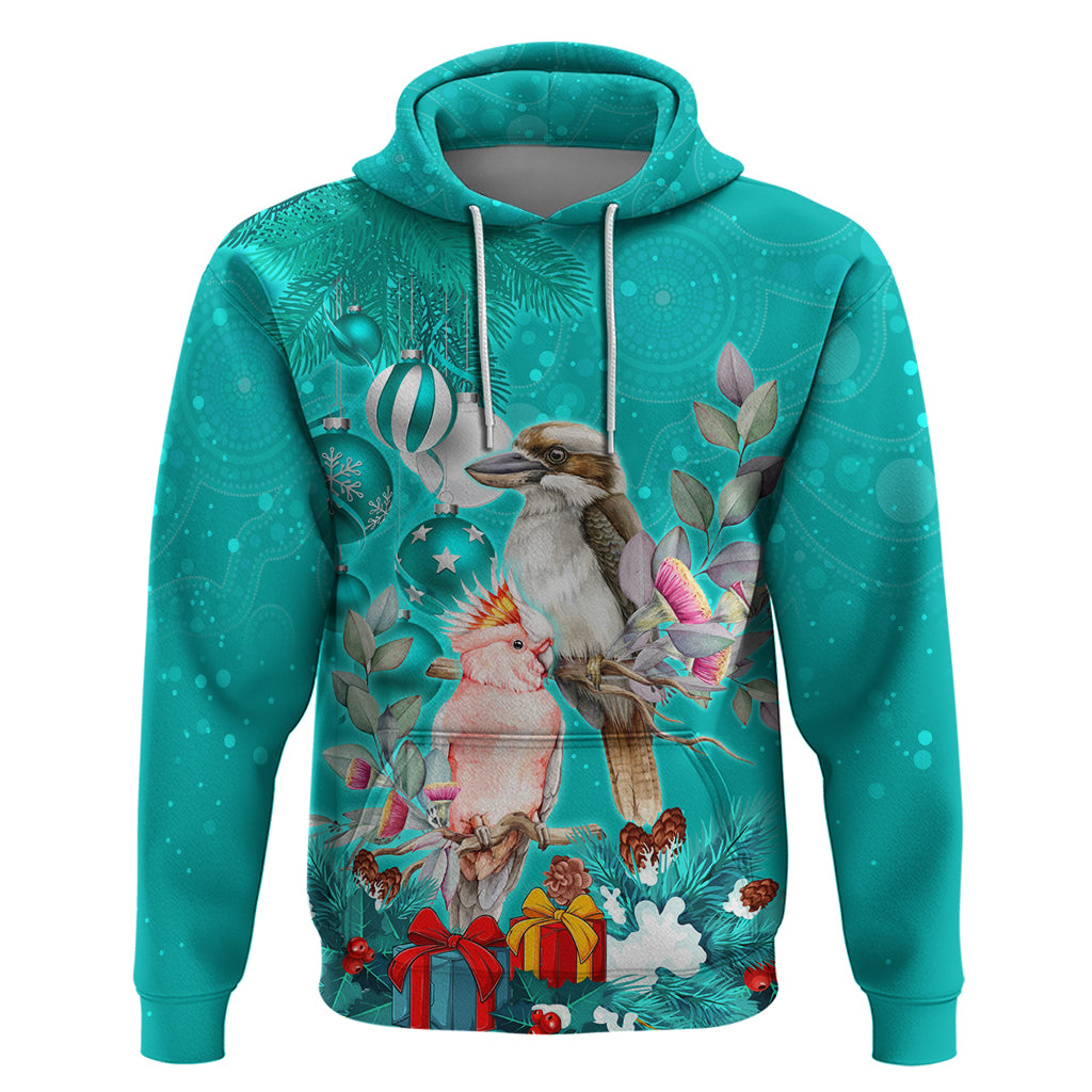 Personalised Kookaburra and Cockatoo Hoodie Australia Merry Christmas Aboriginal Teal Style LT9 - Vibe Hoodie Shop