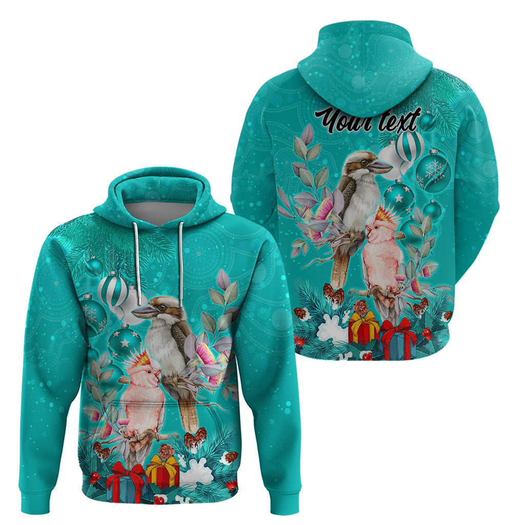 Personalised Kookaburra and Cockatoo Hoodie Australia Merry Christmas Aboriginal Teal Style LT9 - Vibe Hoodie Shop