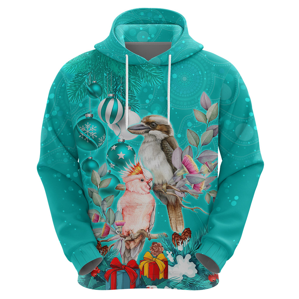 Personalised Kookaburra and Cockatoo Hoodie Australia Merry Christmas Aboriginal Teal Style LT9 - Vibe Hoodie Shop