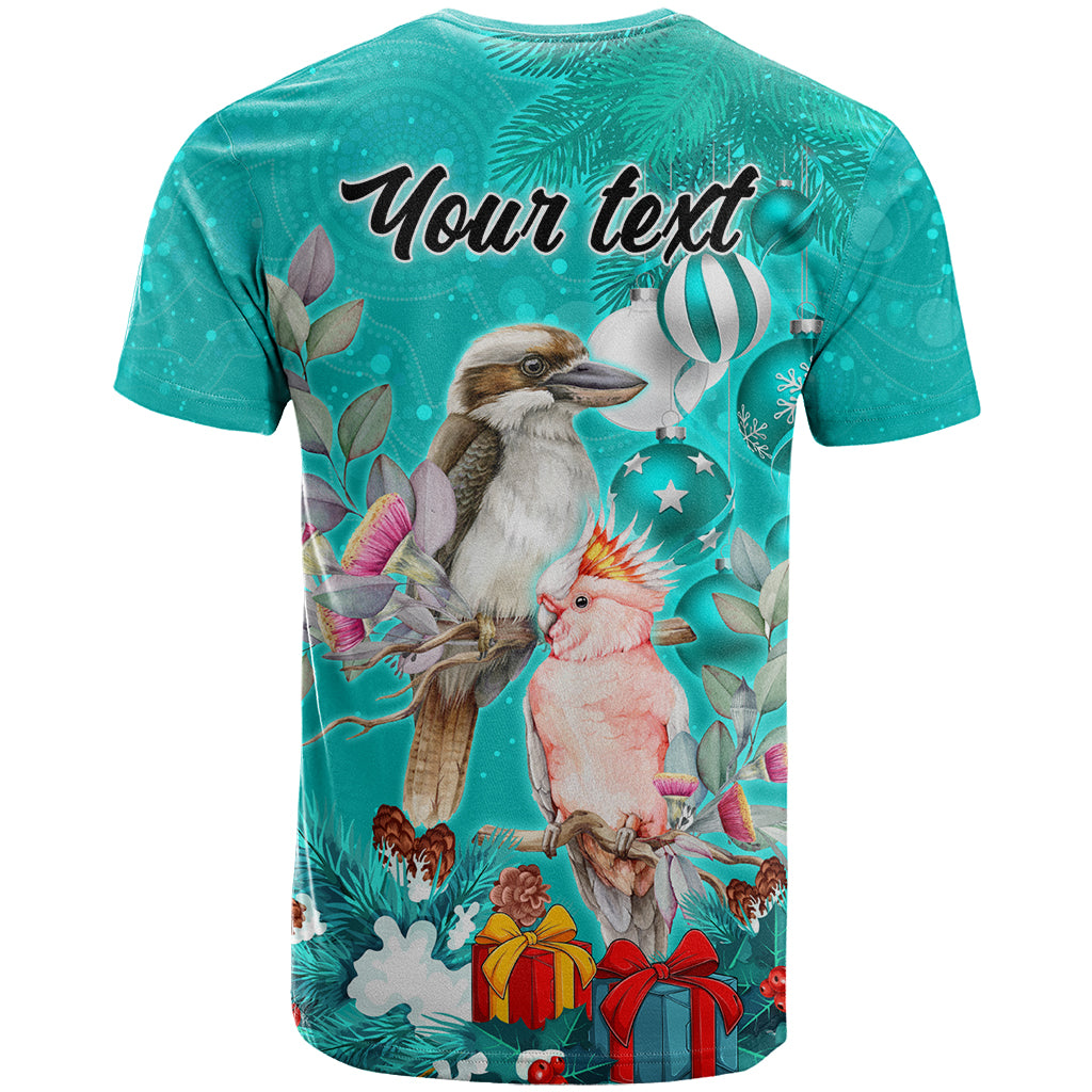 Personalised Kookaburra and Cockatoo T Shirt Australia Merry Christmas Aboriginal Teal Style LT9 - Vibe Hoodie Shop