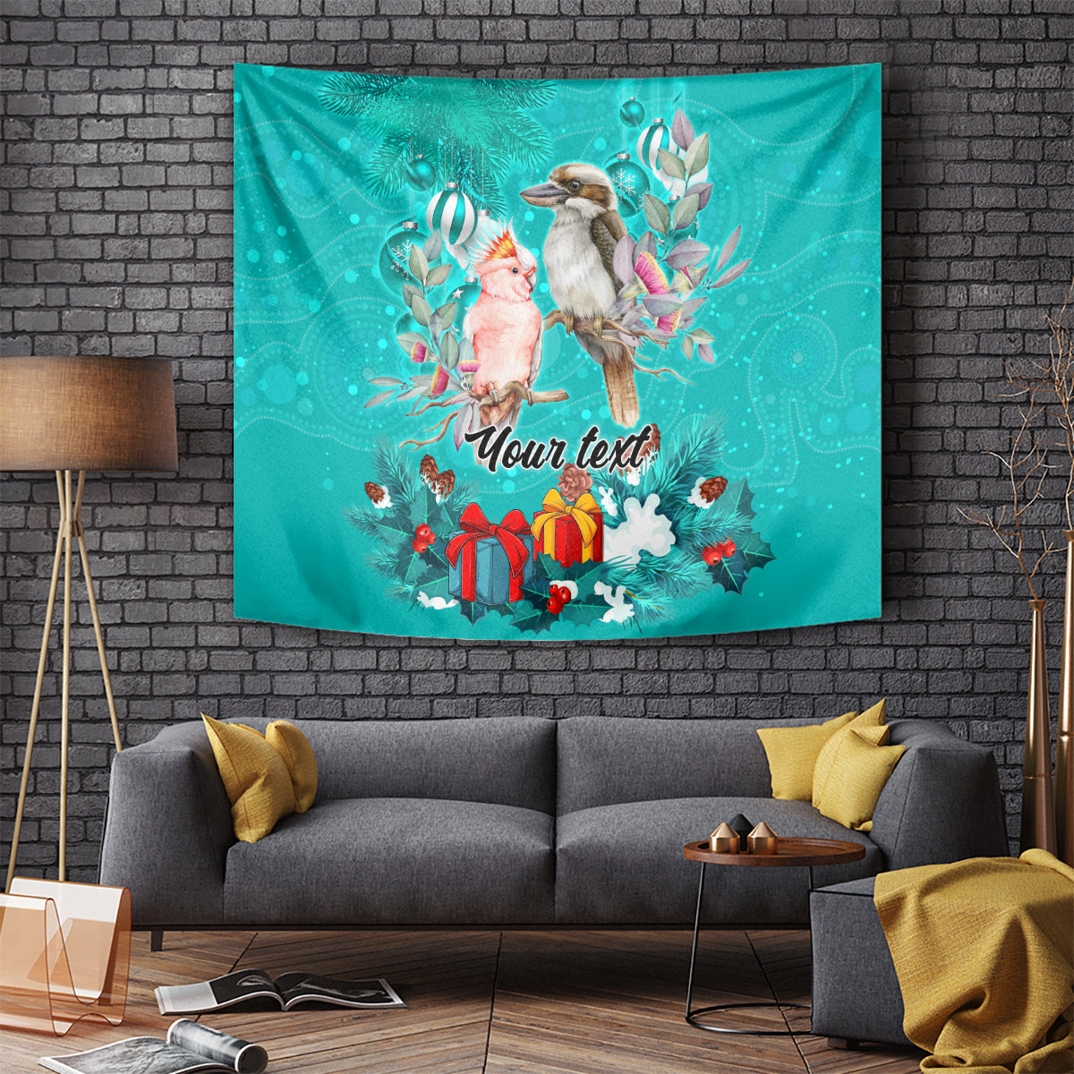 Personalised Kookaburra and Cockatoo Tapestry Australia Merry Christmas Aboriginal Teal Style - Vibe Hoodie Shop