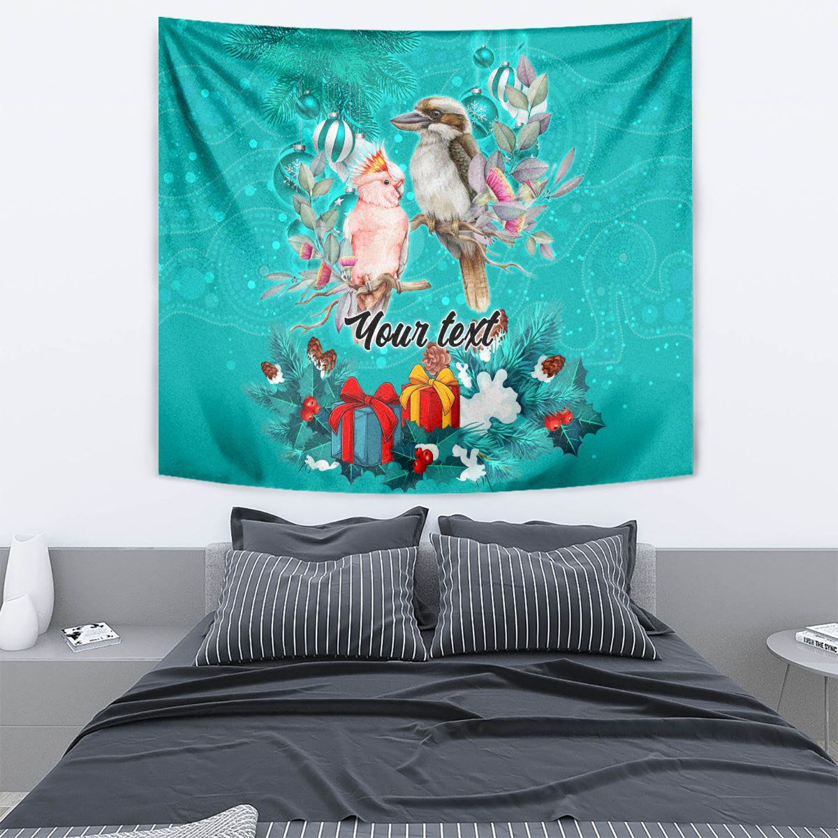 Personalised Kookaburra and Cockatoo Tapestry Australia Merry Christmas Aboriginal Teal Style - Vibe Hoodie Shop