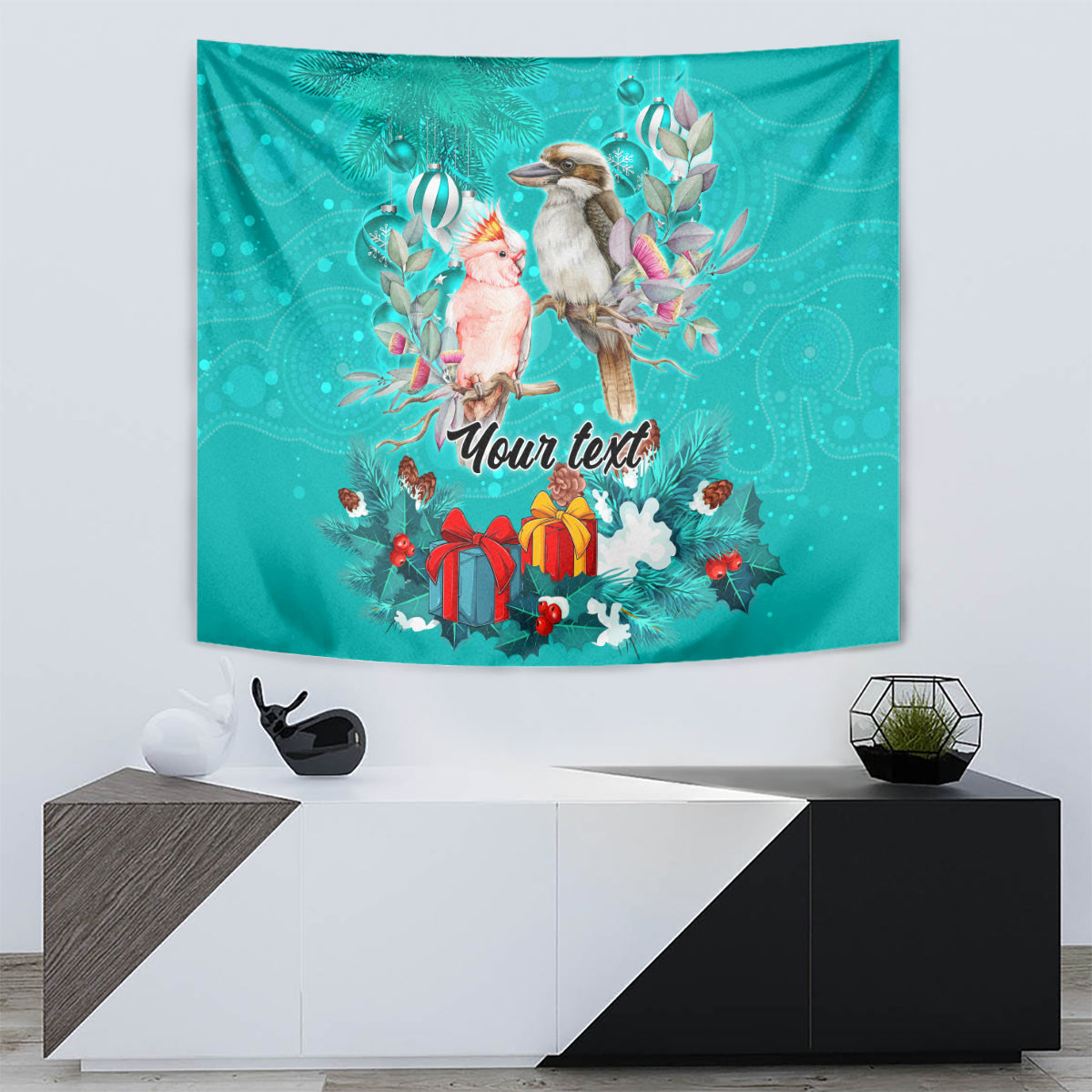 Personalised Kookaburra and Cockatoo Tapestry Australia Merry Christmas Aboriginal Teal Style - Vibe Hoodie Shop