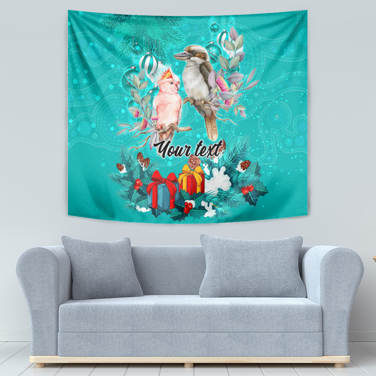 Personalised Kookaburra and Cockatoo Tapestry Australia Merry Christmas Aboriginal Teal Style - Vibe Hoodie Shop