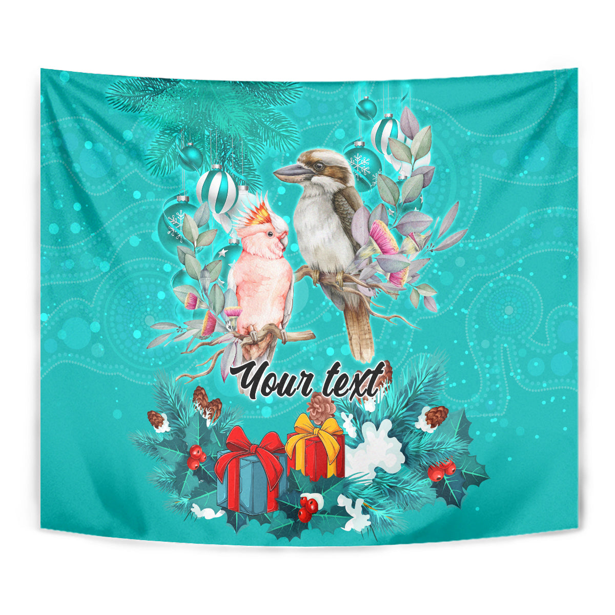 Personalised Kookaburra and Cockatoo Tapestry Australia Merry Christmas Aboriginal Teal Style - Vibe Hoodie Shop