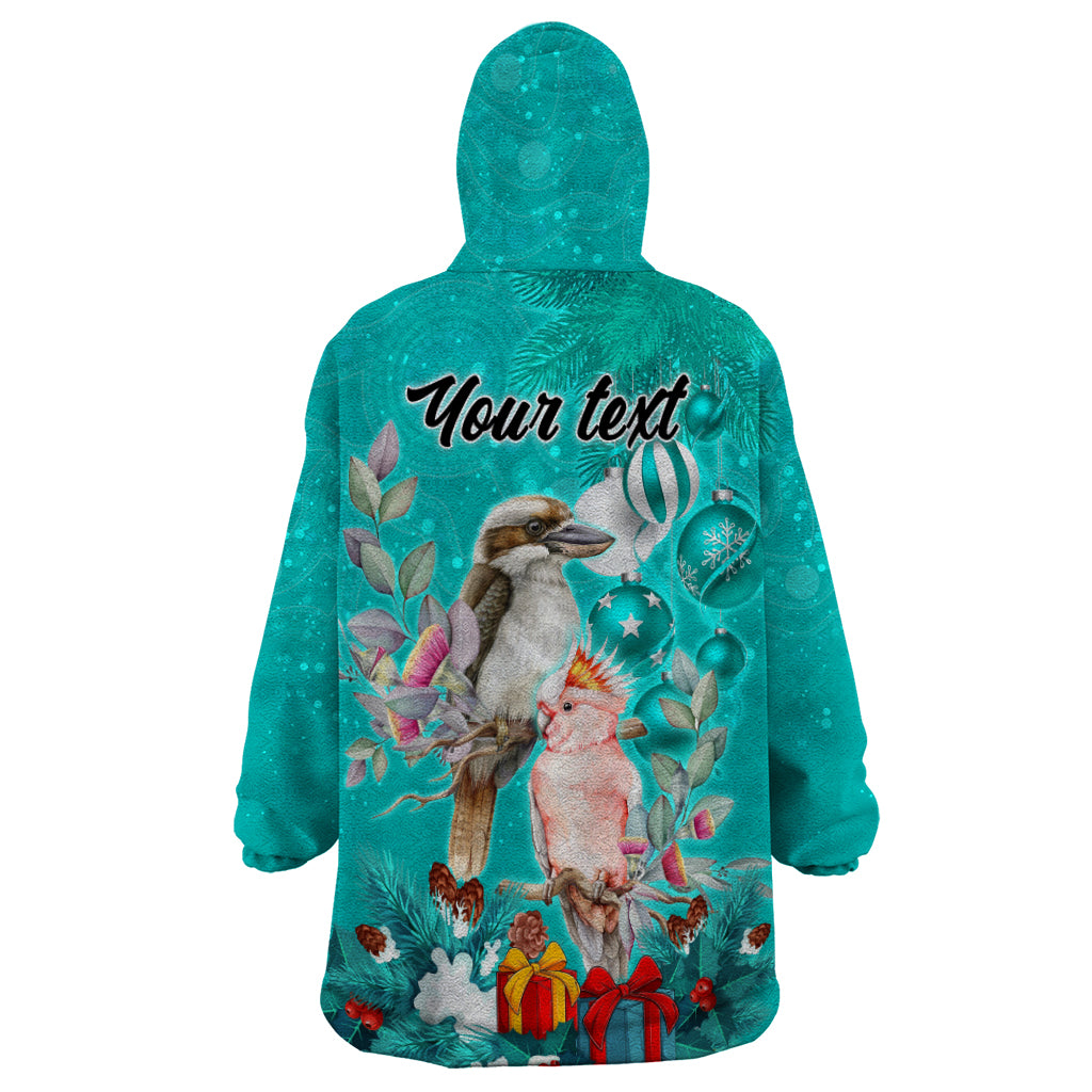 Personalised Kookaburra and Cockatoo Wearable Blanket Hoodie Australia Merry Christmas Aboriginal Teal Style - Vibe Hoodie Shop