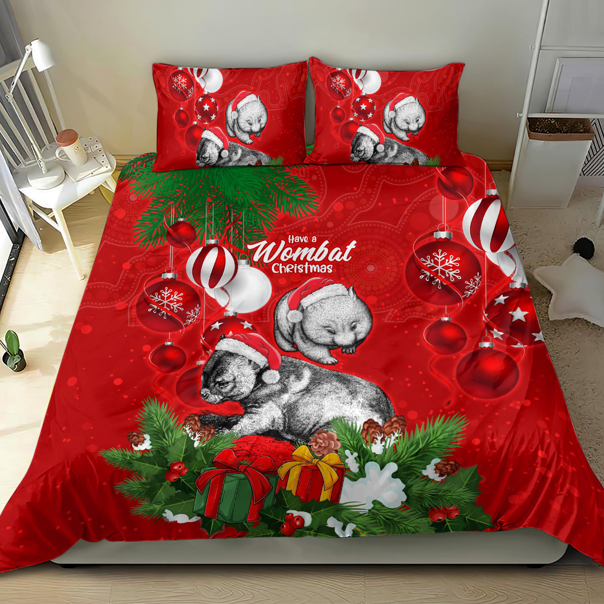 Wombat Lover Bedding Set Australia Merry Christmas Aboriginal - Vibe Hoodie Shop