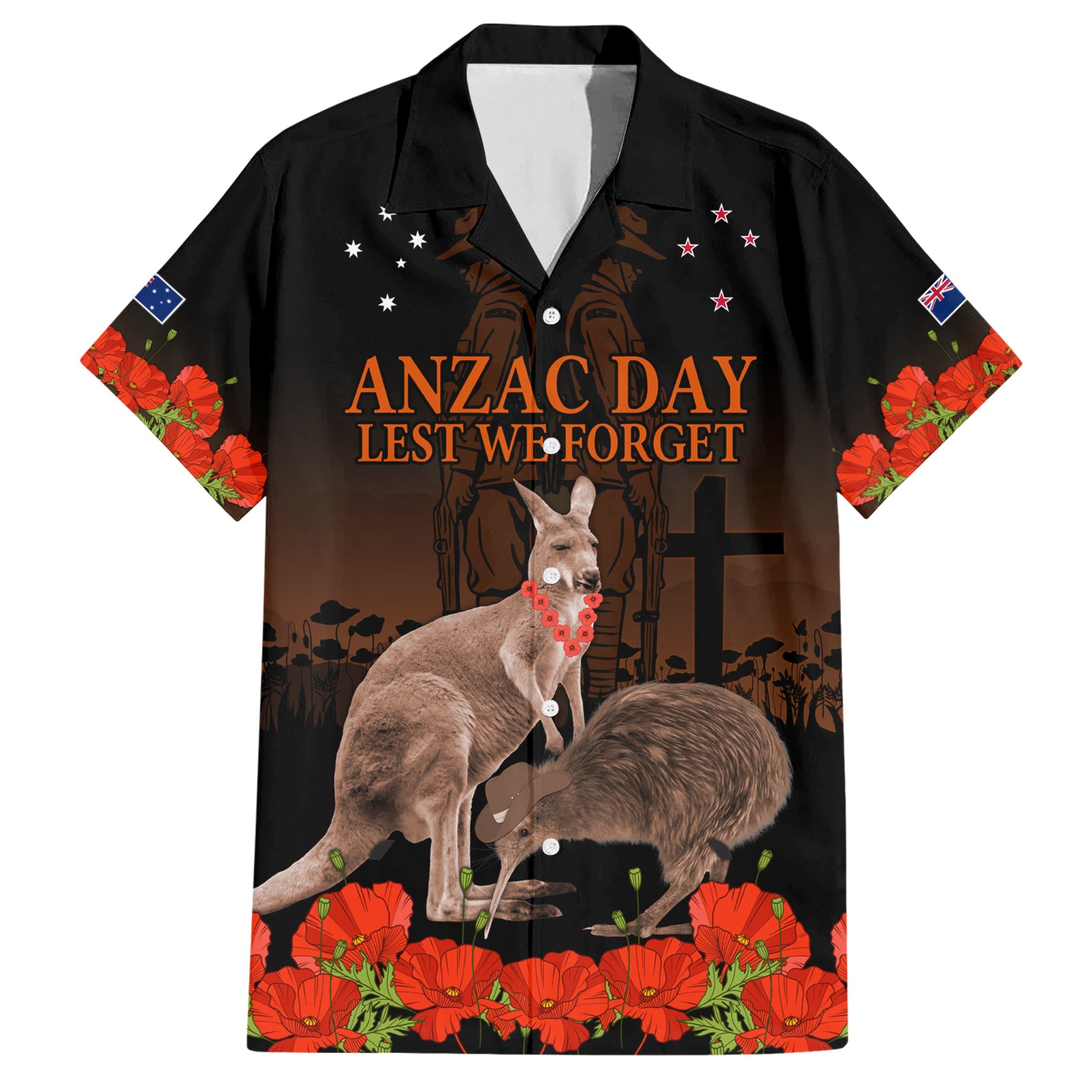 Kangaroo and Kiwi Bird ANZAC Day Custom Hawaiian Shirt Soldier Style - Vibe Hoodie Shop