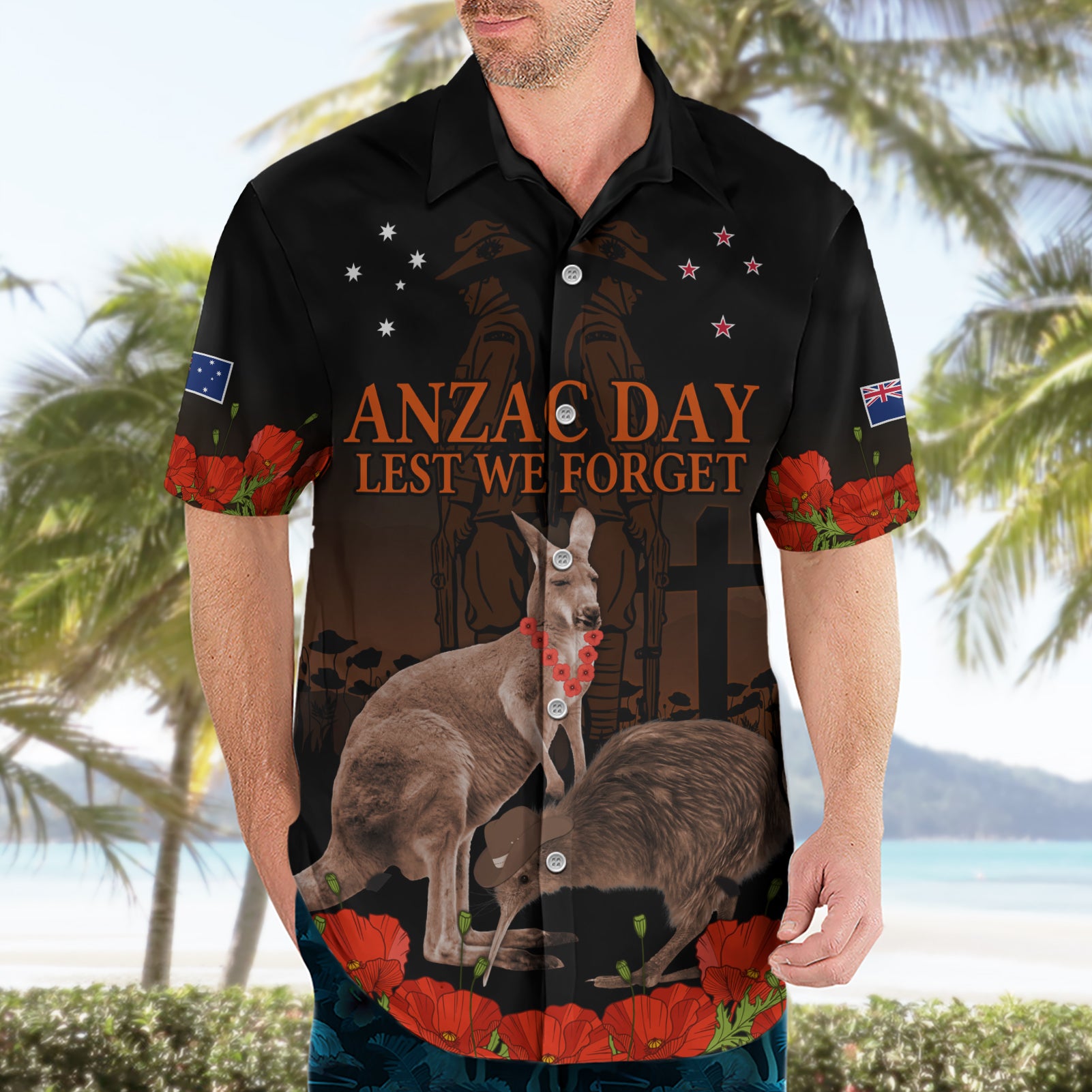 Kangaroo and Kiwi Bird ANZAC Day Custom Hawaiian Shirt Soldier Style - Vibe Hoodie Shop