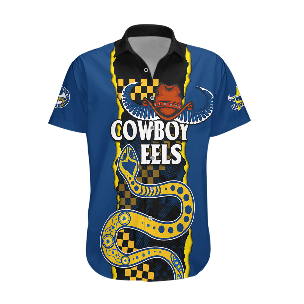 (Custom Text And Number) NRL Combine Cowboys and Parra Eels Hawaiian Shirt Sporty Style - Vibe Hoodie Shop