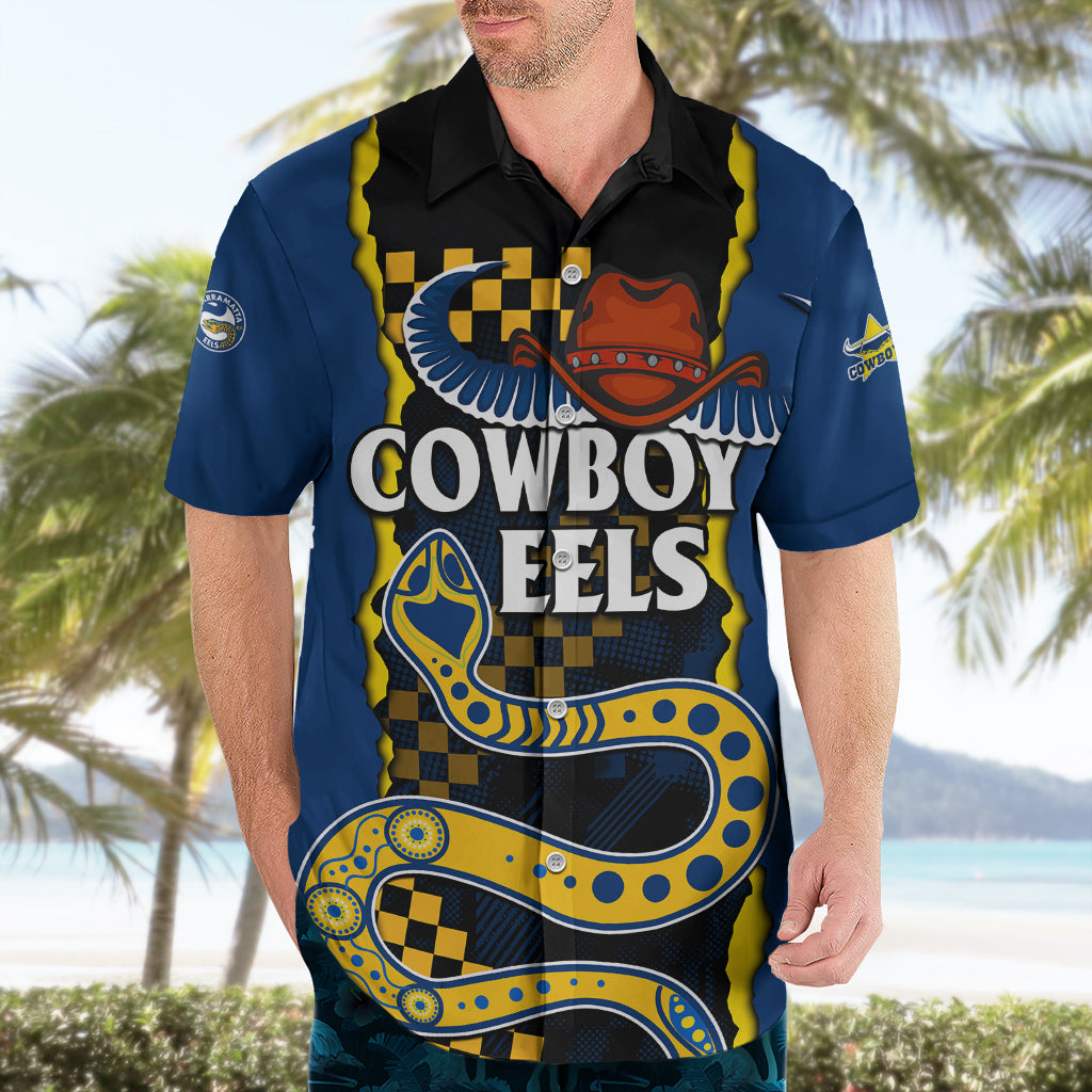 (Custom Text And Number) NRL Combine Cowboys and Parra Eels Hawaiian Shirt Sporty Style - Vibe Hoodie Shop