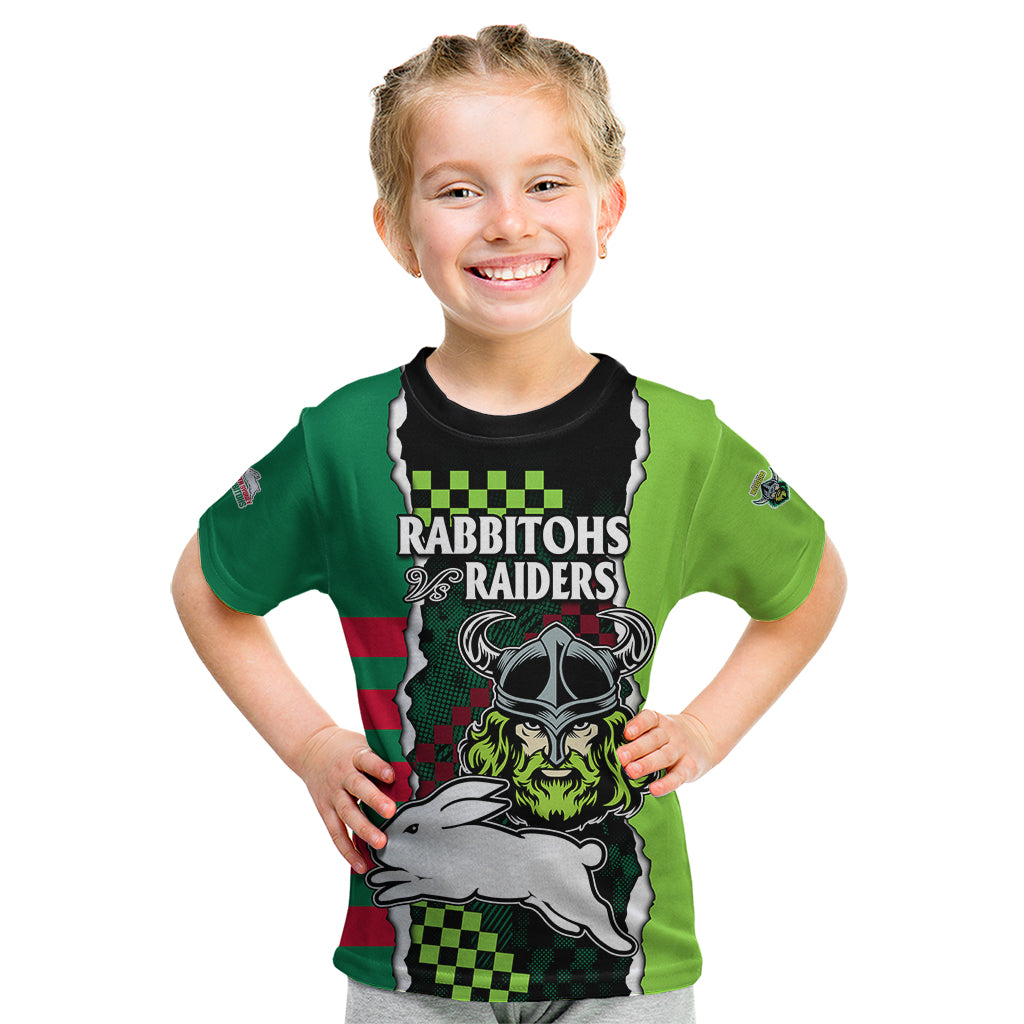 NRL Combine Rabbitohs and Raiders Kid T Shirt Sporty Style - Vibe Hoodie Shop