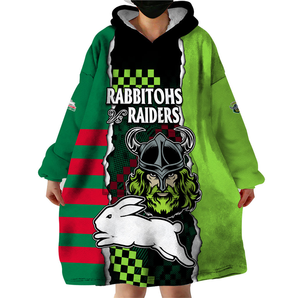 NRL Combine Rabbitohs and Raiders Wearable Blanket Hoodie Sporty Style - Vibe Hoodie Shop