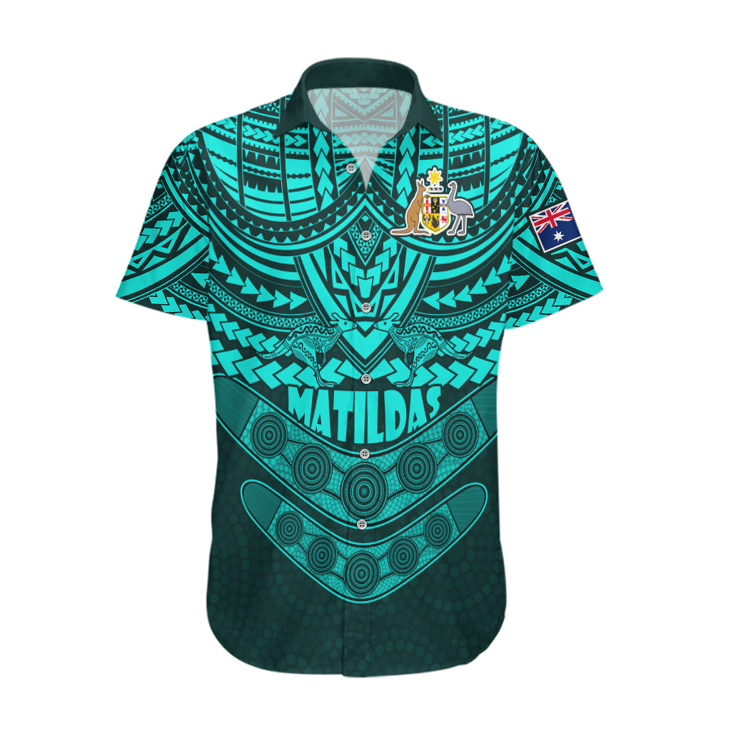 Matildas Soccer Hawaiian Shirt Polynesian and Aboriginal Turquoise Vibe - Vibe Hoodie Shop