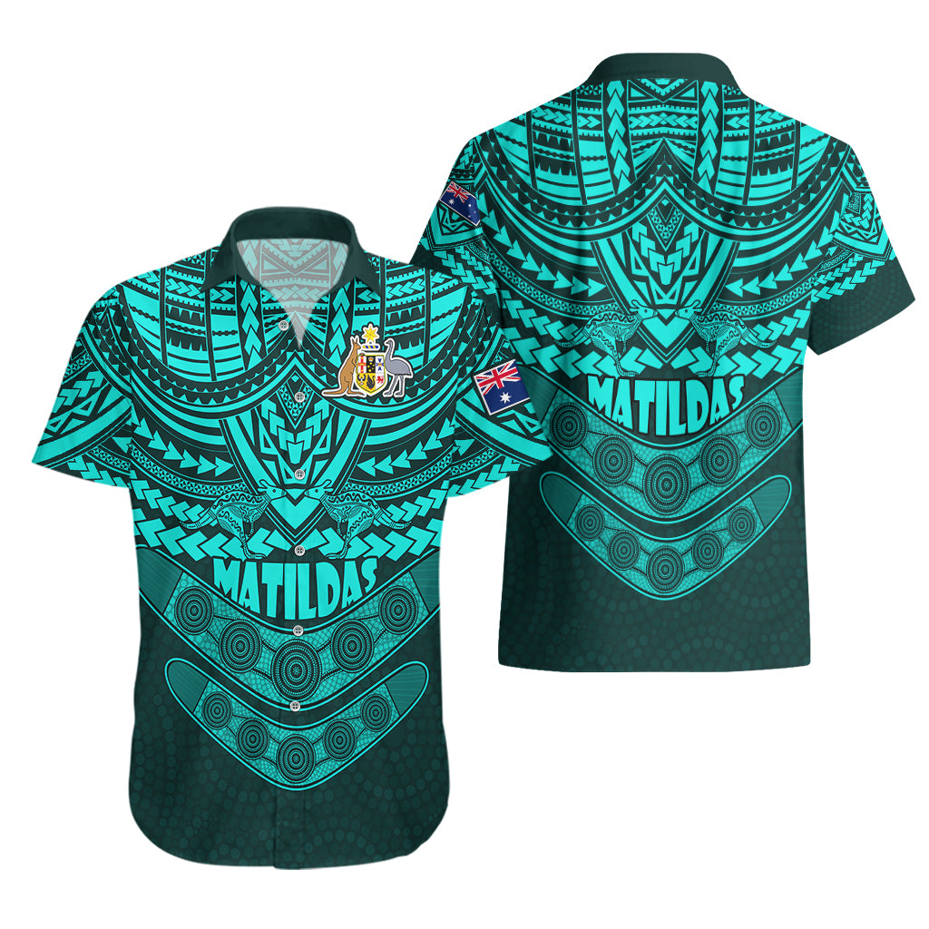 Matildas Soccer Hawaiian Shirt Polynesian and Aboriginal Turquoise Vibe - Vibe Hoodie Shop