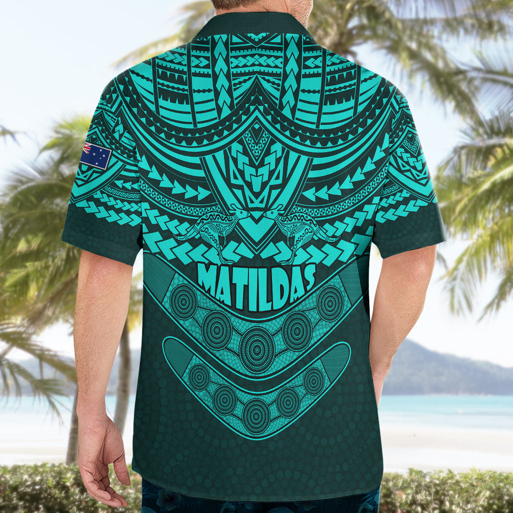 Matildas Soccer Hawaiian Shirt Polynesian and Aboriginal Turquoise Vibe - Vibe Hoodie Shop
