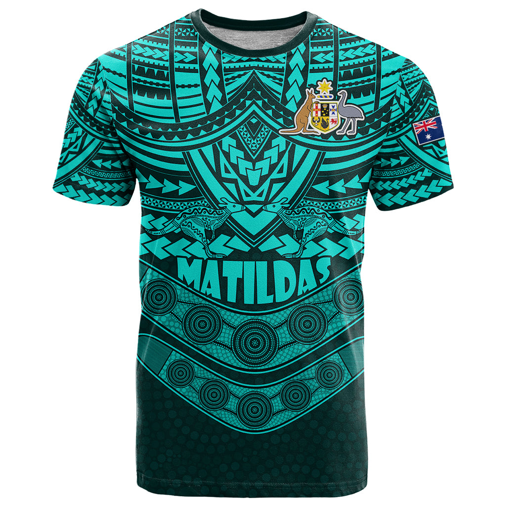 Matildas Soccer T Shirt Polynesian and Aboriginal Turquoise Vibe LT9 - Vibe Hoodie Shop