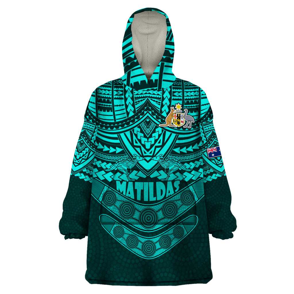 Matildas Soccer Wearable Blanket Hoodie Polynesian and Aboriginal Turquoise Vibe - Vibe Hoodie Shop