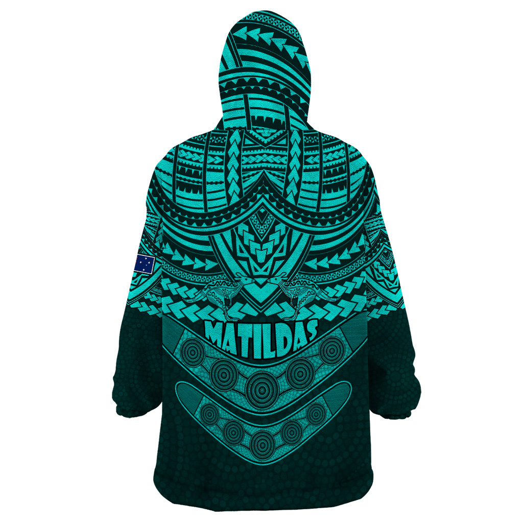 Matildas Soccer Wearable Blanket Hoodie Polynesian and Aboriginal Turquoise Vibe - Vibe Hoodie Shop