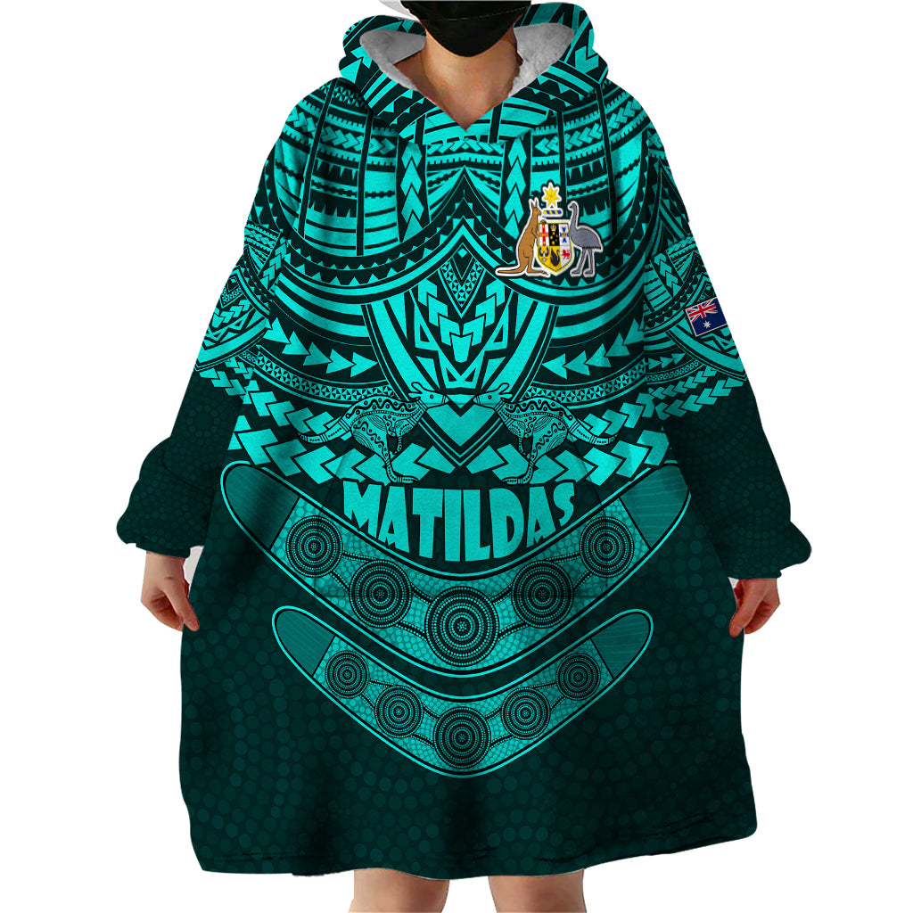 Matildas Soccer Wearable Blanket Hoodie Polynesian and Aboriginal Turquoise Vibe - Vibe Hoodie Shop