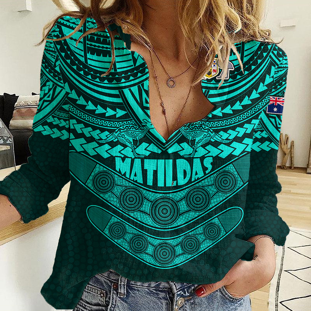 Matildas Soccer Women Casual Shirt Polynesian and Aboriginal Turquoise Vibe - Vibe Hoodie Shop