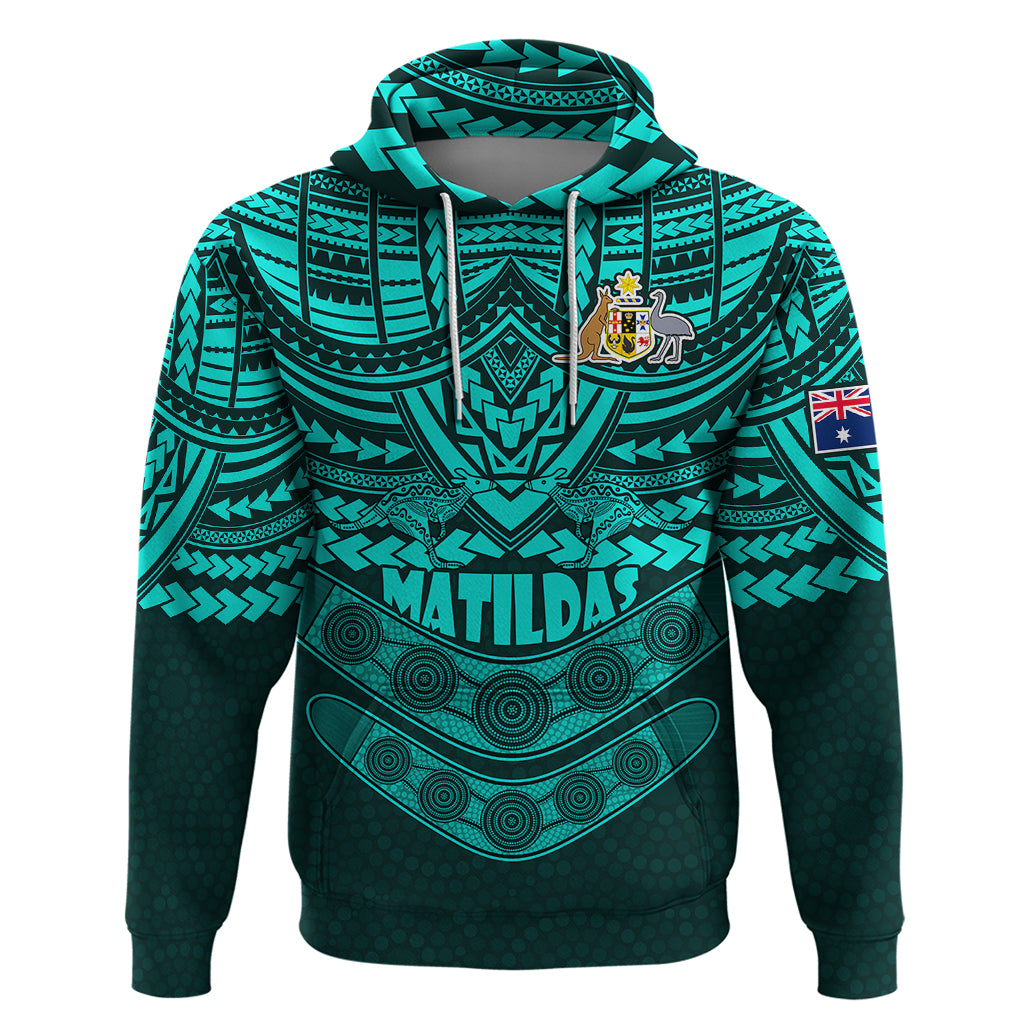 Custom Matildas Soccer Hoodie Polynesian and Aboriginal Turquoise Vibe LT9 - Vibe Hoodie Shop
