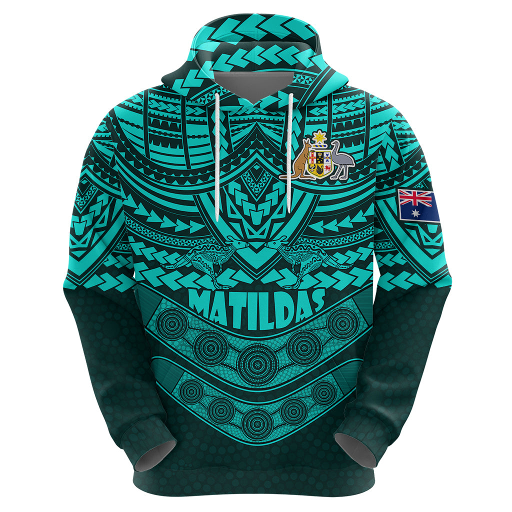 Custom Matildas Soccer Hoodie Polynesian and Aboriginal Turquoise Vibe LT9 - Vibe Hoodie Shop